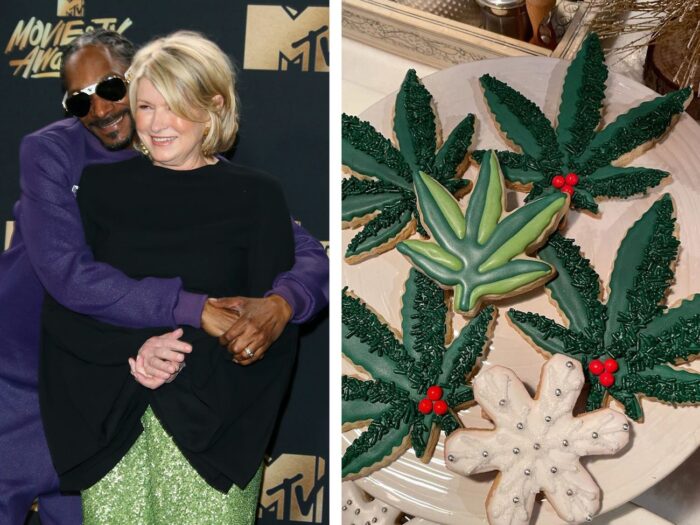 Martha Stewart and Snoop Dogg reunited virtually to decorate cookies shaped like cannabis leaves. Source: JEAN-BAPTISTE LACROIX/AFP (Getty Images/Martha Stewart/Instagram).